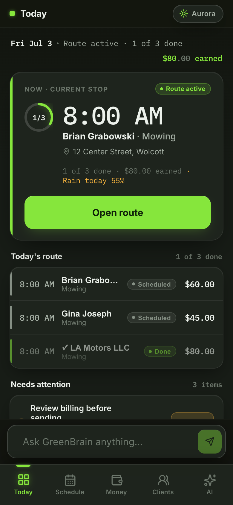 GreenBrain Today screen showing the day's route, next stop, and earnings